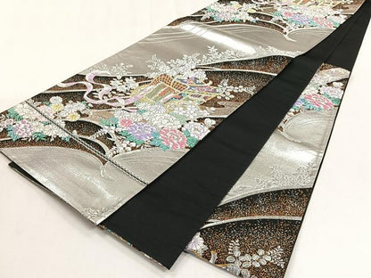 平和屋着物◎六通柄袋帯　御所車花文　黒地　金銀糸　正絹　逸品　CABJ6072yk