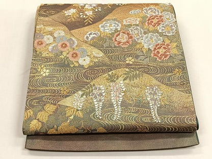 平和屋着物◎六通柄袋帯　流水草花文　金糸　正絹　逸品　CABJ6078yk