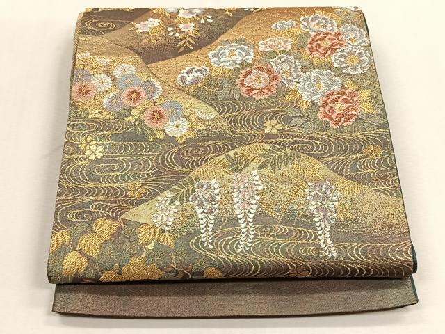 平和屋着物◎六通柄袋帯　流水草花文　金糸　正絹　逸品　CABJ6078yk