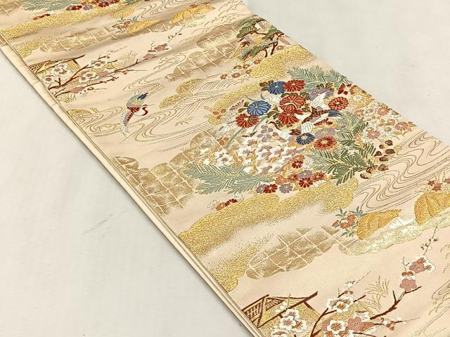 平和屋着物◎六通柄袋帯　草花鶴文　金銀糸　正絹　逸品　CABJ6084yk