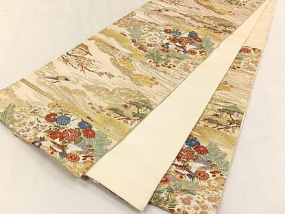 平和屋着物◎六通柄袋帯　草花鶴文　金銀糸　正絹　逸品　CABJ6084yk