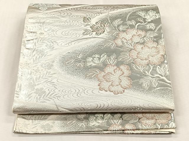 平和屋着物◎六通柄袋帯　流水草花文　プラチナ箔　正絹　逸品　CABJ6089yk