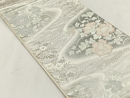 平和屋着物◎六通柄袋帯　流水草花文　プラチナ箔　正絹　逸品　CABJ6089yk