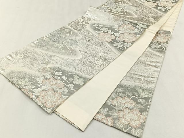 平和屋着物◎六通柄袋帯　流水草花文　プラチナ箔　正絹　逸品　CABJ6089yk
