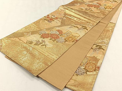 平和屋着物◎六通柄袋帯　御所車流水草花文　金銀糸　正絹　逸品　CABJ6093yk