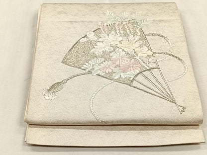 平和屋着物◎太鼓柄袋帯　刺繍　扇面草花文　銀糸　正絹　逸品　CABJ6105yk