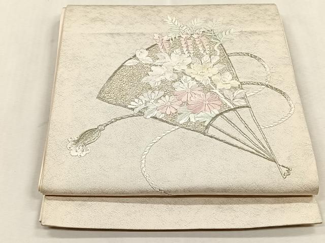 平和屋着物◎太鼓柄袋帯　刺繍　扇面草花文　銀糸　正絹　逸品　CABJ6105yk