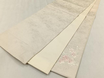 平和屋着物◎太鼓柄袋帯　刺繍　扇面草花文　銀糸　正絹　逸品　CABJ6105yk