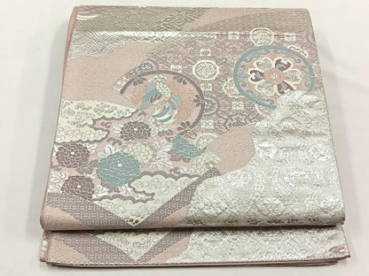 平和屋着物◎六通柄袋帯　地紙鳳凰草花文　銀糸　正絹　逸品　CABJ6121yk