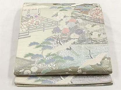平和屋着物◎六通柄袋帯　飛鶴風景草花文　九百錦プラチナ箔　たけうちオリジナル　正絹　逸品　CABJ6122yk