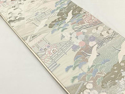 平和屋着物◎六通柄袋帯　飛鶴風景草花文　九百錦プラチナ箔　たけうちオリジナル　正絹　逸品　CABJ6122yk