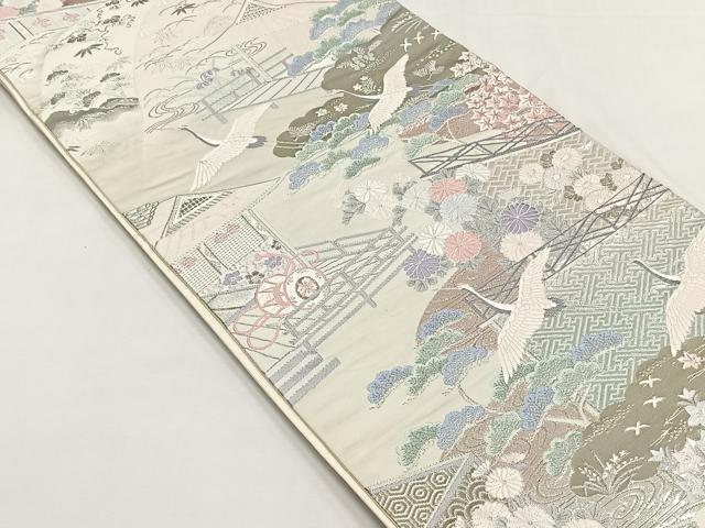 平和屋着物◎六通柄袋帯　飛鶴風景草花文　九百錦プラチナ箔　たけうちオリジナル　正絹　逸品　CABJ6122yk