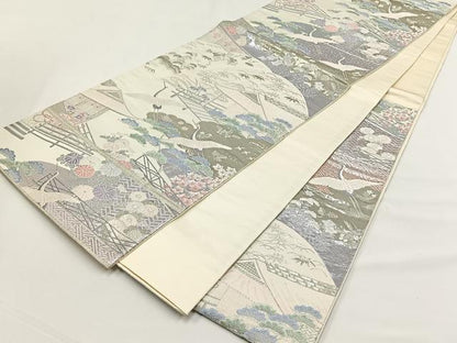 平和屋着物◎六通柄袋帯　飛鶴風景草花文　九百錦プラチナ箔　たけうちオリジナル　正絹　逸品　CABJ6122yk