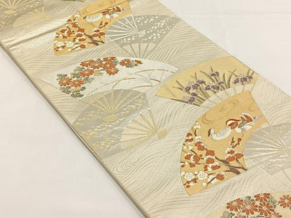 平和屋着物◎六通柄袋帯　扇面鴛鴦花文　金銀糸　正絹　逸品　CABJ6123yk