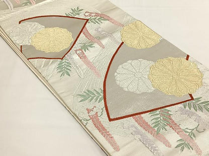 平和屋着物◎六通柄袋帯　扇面菊文　金銀糸　正絹　逸品　CABJ6135yk