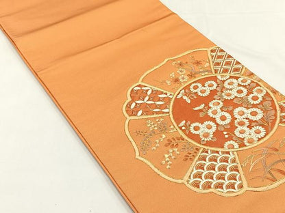 平和屋着物◎太鼓柄袋帯　駒刺繍　草花文　正絹　逸品　CABJ6136yk