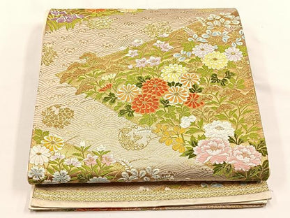 平和屋着物◎六通柄袋帯　唐織　流水草花文　金銀糸　正絹　逸品　CABJ6137yk