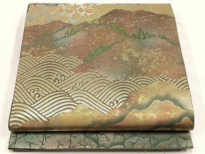 平和屋着物◎六通柄袋帯　遠山流水草花文　金糸　引箔　正絹　逸品　CABJ6149yk