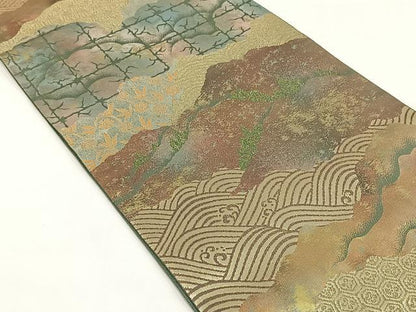 平和屋着物◎六通柄袋帯　遠山流水草花文　金糸　引箔　正絹　逸品　CABJ6149yk