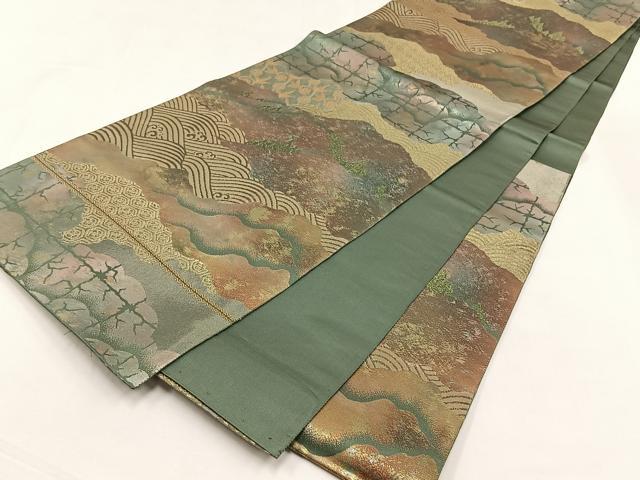 平和屋着物◎六通柄袋帯　遠山流水草花文　金糸　引箔　正絹　逸品　CABJ6149yk