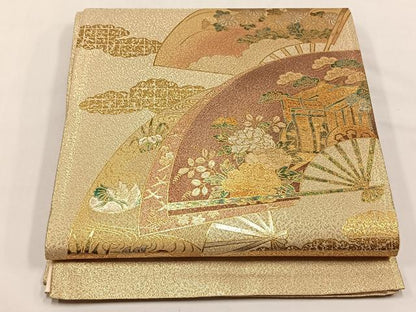 平和屋着物◎太鼓柄袋帯　扇面御所車花文　金彩　正絹　逸品　未使用　CABJ6152yk