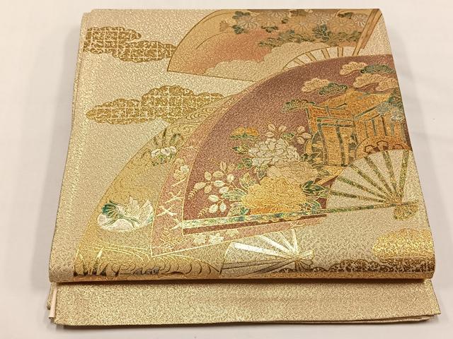 平和屋着物◎太鼓柄袋帯　扇面御所車花文　金彩　正絹　逸品　未使用　CABJ6152yk