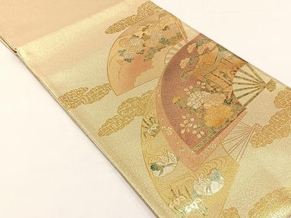 平和屋着物◎太鼓柄袋帯　扇面御所車花文　金彩　正絹　逸品　未使用　CABJ6152yk