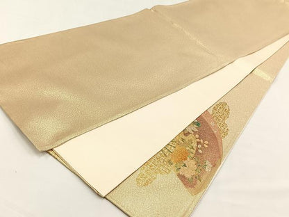 平和屋着物◎太鼓柄袋帯　扇面御所車花文　金彩　正絹　逸品　未使用　CABJ6152yk