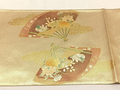 平和屋着物◎太鼓柄袋帯　扇面御所車花文　金彩　正絹　逸品　未使用　CABJ6152yk