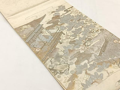平和屋着物◎太鼓柄袋帯　駒刺繍　風景草花文　金彩　正絹　逸品　CABJ6154yk