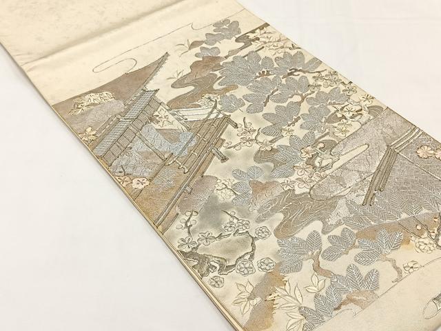 平和屋着物◎太鼓柄袋帯　駒刺繍　風景草花文　金彩　正絹　逸品　CABJ6154yk