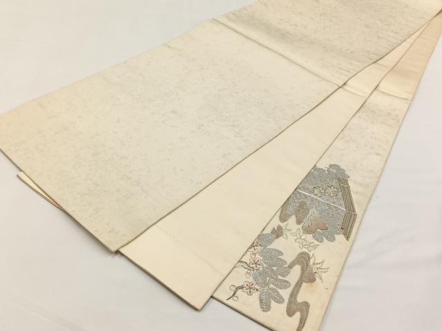 平和屋着物◎太鼓柄袋帯　駒刺繍　風景草花文　金彩　正絹　逸品　CABJ6154yk