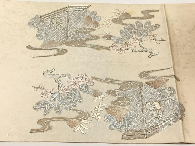 平和屋着物◎太鼓柄袋帯　駒刺繍　風景草花文　金彩　正絹　逸品　CABJ6154yk