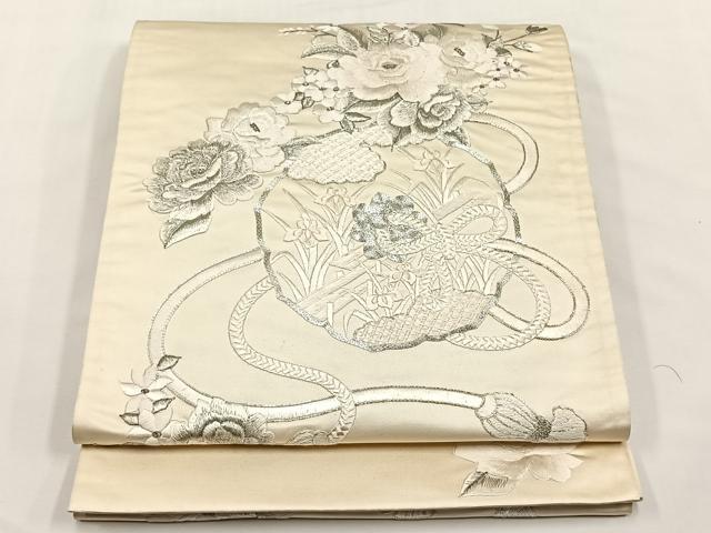 平和屋着物◎太鼓柄袋帯　総刺繍　駒刺繍　鏡裏草花文　銀糸　正絹　逸品　CABJ6158yk