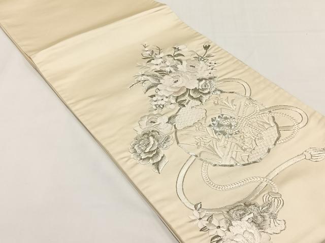 平和屋着物◎太鼓柄袋帯　総刺繍　駒刺繍　鏡裏草花文　銀糸　正絹　逸品　CABJ6158yk