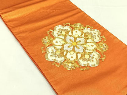 平和屋着物◎太鼓柄袋帯　総刺繍　駒刺繍　花唐草文　正絹　逸品　CABJ6161yk