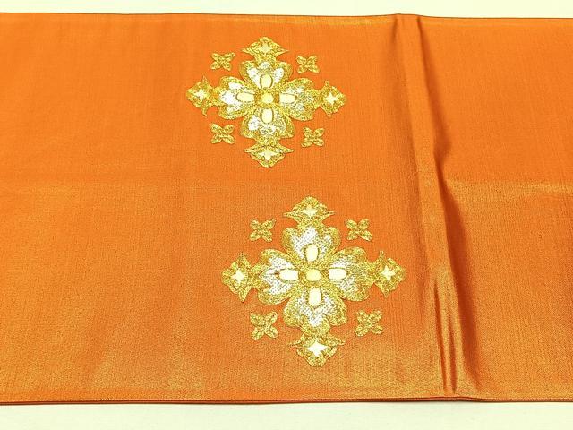平和屋着物◎太鼓柄袋帯　総刺繍　駒刺繍　花唐草文　正絹　逸品　CABJ6161yk