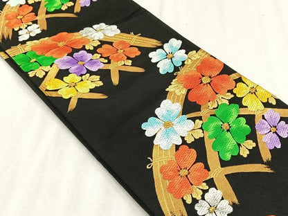 平和屋着物◎西陣　六通柄袋帯　籬花文　黒地　金糸　正絹　逸品　未使用　CABJ6166yk