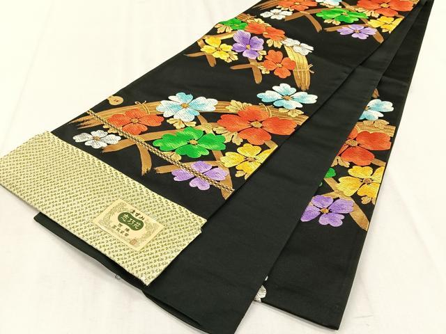平和屋着物◎西陣　六通柄袋帯　籬花文　黒地　金糸　正絹　逸品　未使用　CABJ6166yk