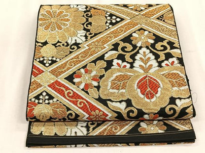 平和屋着物◎六通柄京袋　本袋帯　花唐草文　黒地　金糸　正絹　逸品　CABJ6169yk