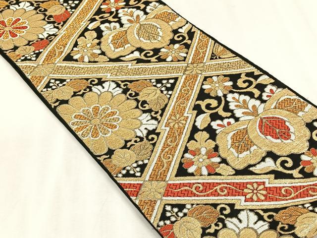 平和屋着物◎六通柄京袋　本袋帯　花唐草文　黒地　金糸　正絹　逸品　CABJ6169yk