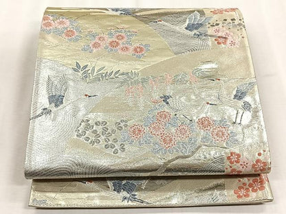 平和屋着物◎六通柄袋帯　九百錦　地紙飛鶴草花文　プラチナ箔二重箔　正絹　逸品　未使用　CABJ6177yk