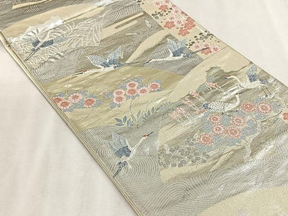 平和屋着物◎六通柄袋帯　九百錦　地紙飛鶴草花文　プラチナ箔二重箔　正絹　逸品　未使用　CABJ6177yk