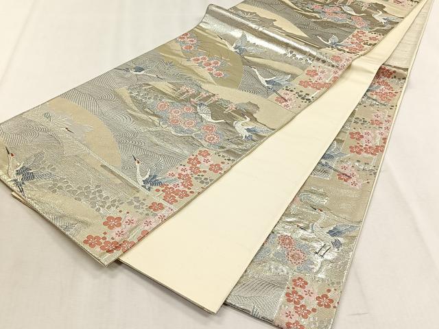 平和屋着物◎六通柄袋帯　九百錦　地紙飛鶴草花文　プラチナ箔二重箔　正絹　逸品　未使用　CABJ6177yk