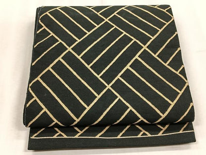 平和屋着物◎六通柄袋帯　幾何学文様　黒地　金糸　正絹　逸品　CABJ6179yk