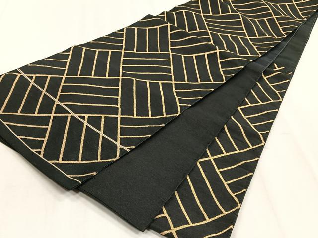 平和屋着物◎六通柄袋帯　幾何学文様　黒地　金糸　正絹　逸品　CABJ6179yk