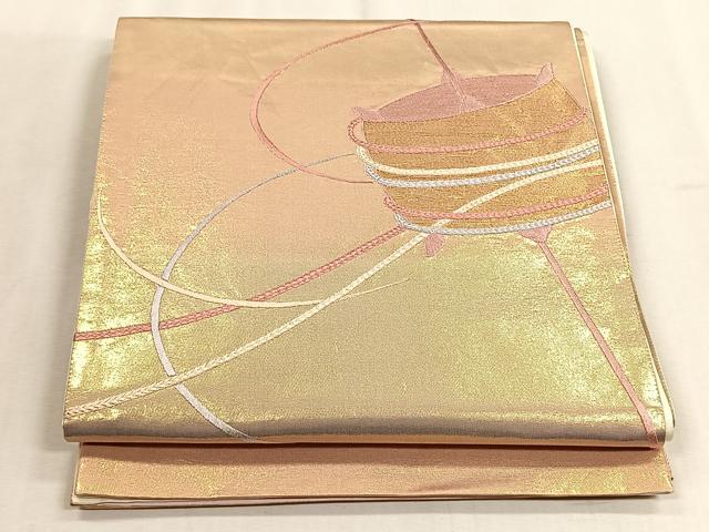 平和屋着物◎太鼓柄袋帯　総刺繍　糸巻き文　金糸　正絹　逸品　CABJ6189yk