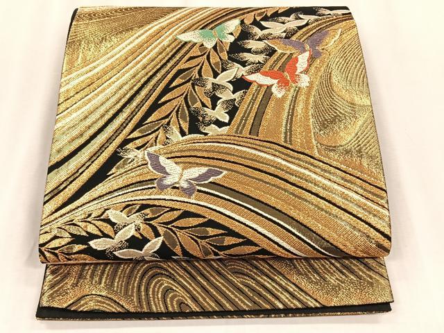 平和屋着物◎六通柄袋帯　舞蝶文　黒地　金糸　正絹　逸品　CABJ6191yk