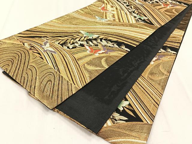 平和屋着物◎六通柄袋帯　舞蝶文　黒地　金糸　正絹　逸品　CABJ6191yk