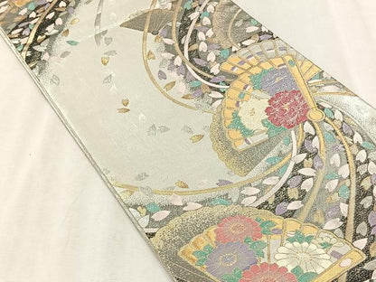 平和屋着物◎六通柄袋帯　檜扇花文　金銀糸　正絹　逸品　CABJ6192yk
